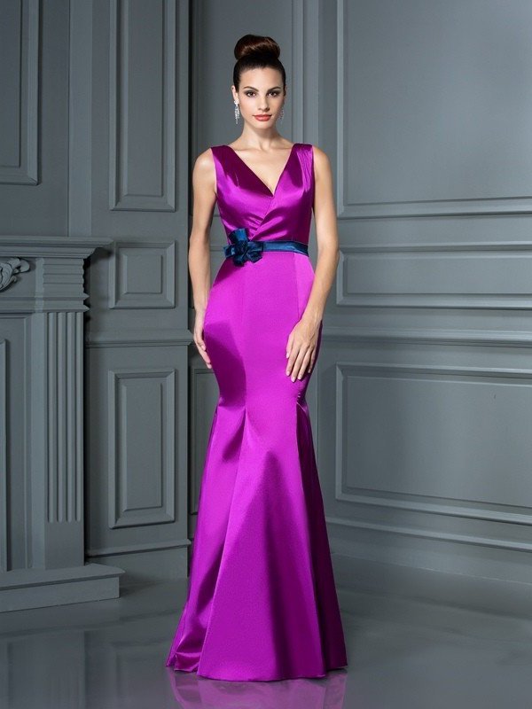 Long Trumpet/Mermaid Woven Hand-Made Sleeveless V-neck Elastic Flower Satin Bridesmaid Dresses