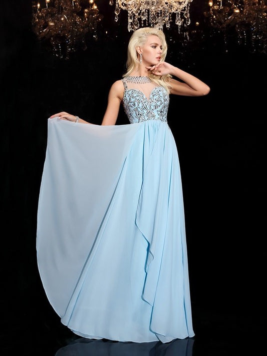 Sleeveless Scoop A-line/Princess Beading Long Chiffon Dresses