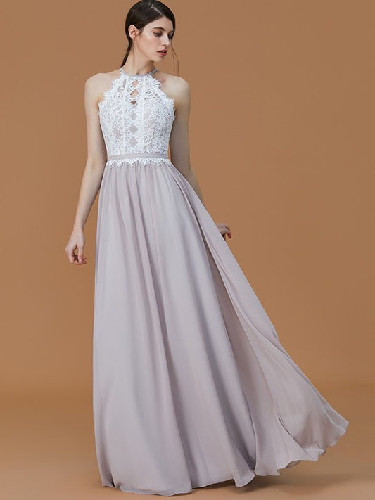 Lace Halter Floor-Length A-Line/Princess Sleeveless Chiffon Bridesmaid Dresses