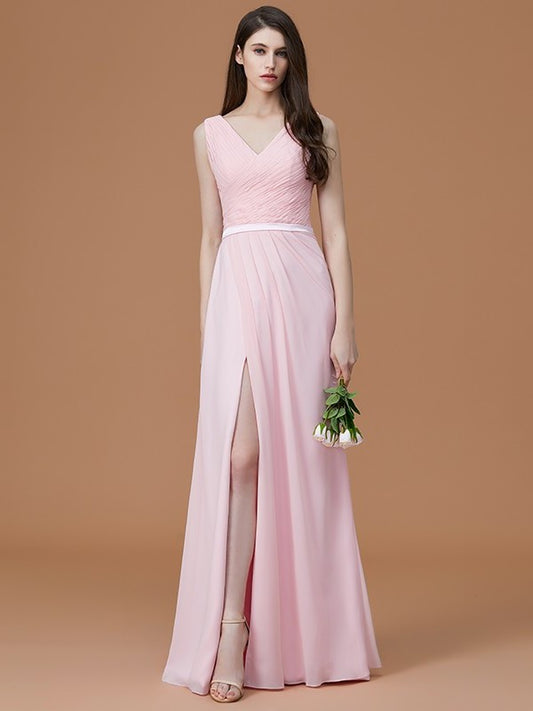 Sleeveless V-neck Floor-Length A-Line/Princess Ruched Chiffon Bridesmaid Dresses