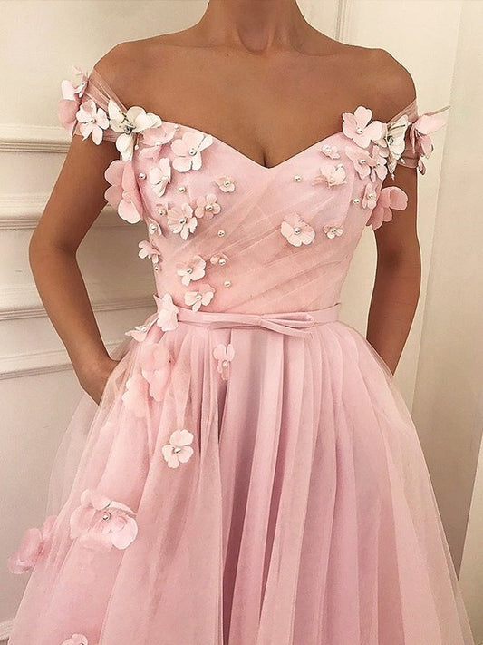 Floor-Length A-Line/Princess Off-the-Shoulder Sleeveless Applique Tulle Dresses