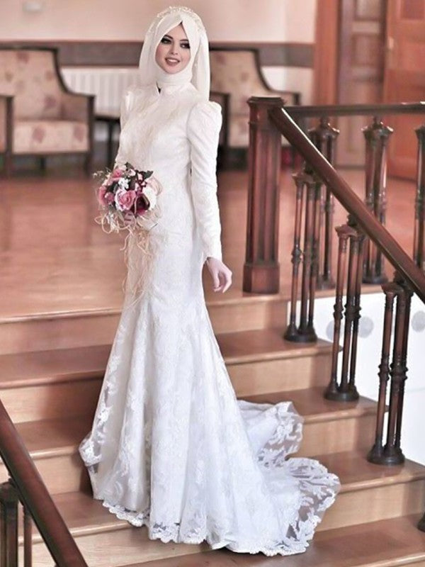 Sleeves Neck Long High Lace Trumpet/Mermaid Train Sweep/Brush Tulle Wedding Dresses