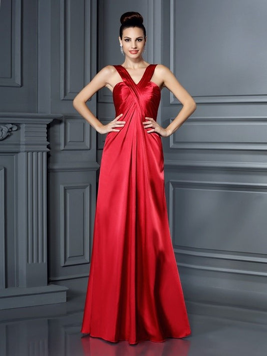 Elastic Long A-Line/Princess Sleeveless Woven Straps Satin Bridesmaid Dresses