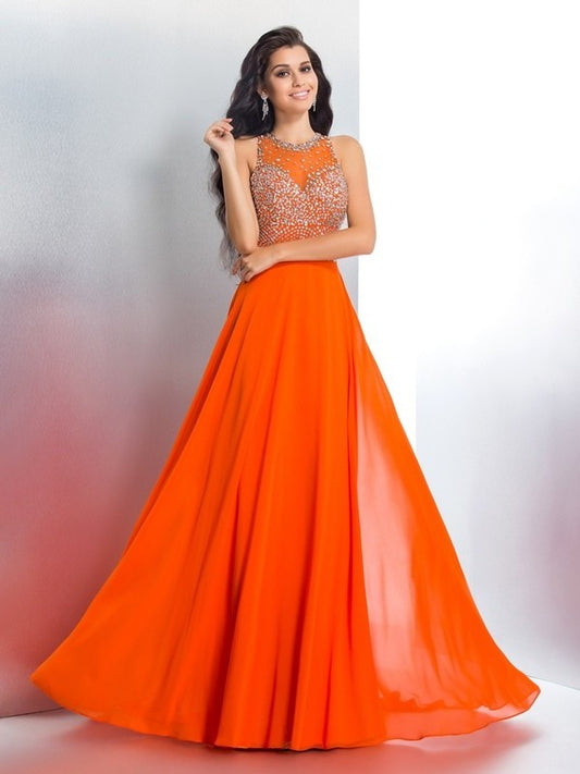 Sleeveless Scoop Trumpet/Mermaid Beading Long Chiffon Dresses