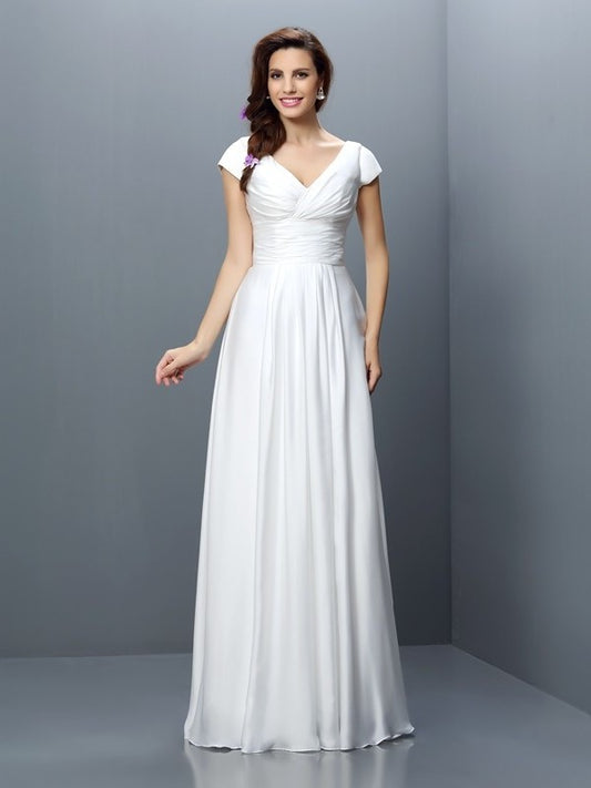 Sleeves Pleats A-Line/Princess V-neck Short Long Chiffon Bridesmaid Dresses