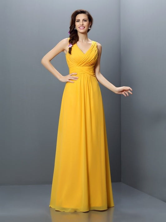 Sleeveless Long A-Line/Princess Pleats V-neck Chiffon Bridesmaid Dresses