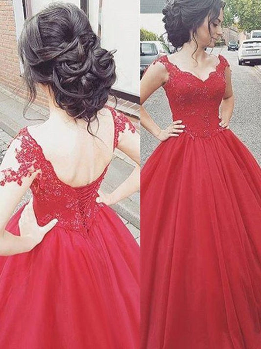 Floor-Length Ball Gown Sleeveless V-neck Applique Satin Dresses