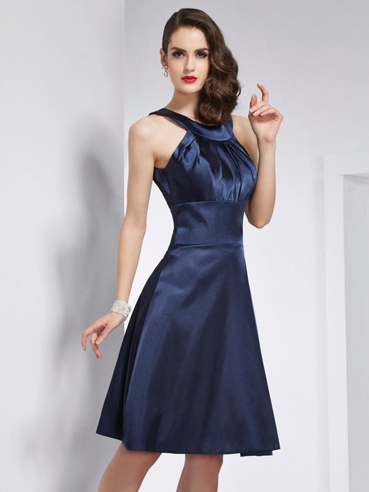 Short Elastic Woven Pleats Sleeveless Scoop A-Line/Princess Satin Bridesmaid Dresses