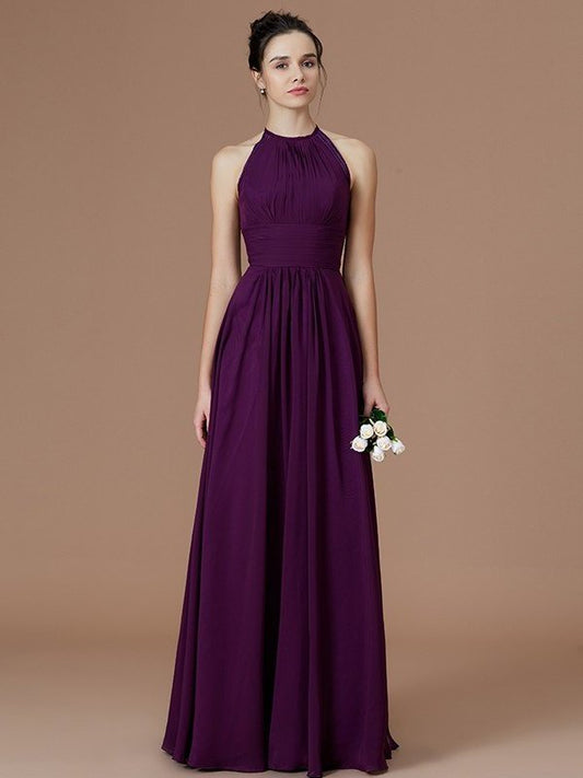 Halter Sleeveless Ruched Floor-Length A-Line/Princess Chiffon Bridesmaid Dresses