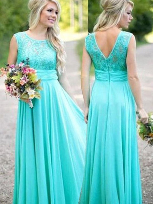 Scoop Floor-Length Lace A-Line/Princess Chiffon Bridesmaid Dresses