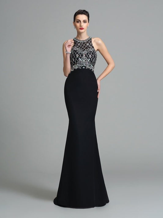 Trumpet/Mermaid Rhinestone Sleeveless Jewel Long Chiffon Dresses