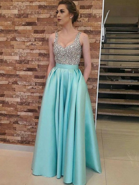 A-Line/Princess Floor-Length Sleeveless V-neck Beading Satin Dresses