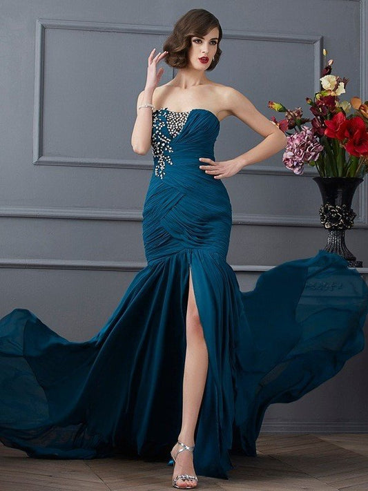 Applique Sleeveless Beading Trumpet/Mermaid Strapless Long Chiffon Dresses