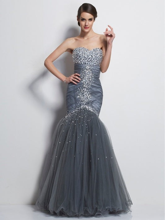 Beading Sweetheart Sleeveless Trumpet/Mermaid Long Net Dresses