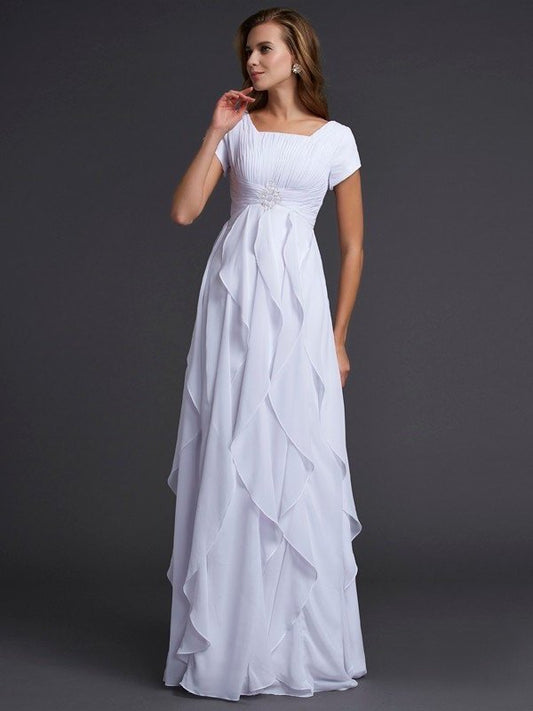 Square Sheath/Column Short Sleeves Ruffles Long Chiffon Dresses