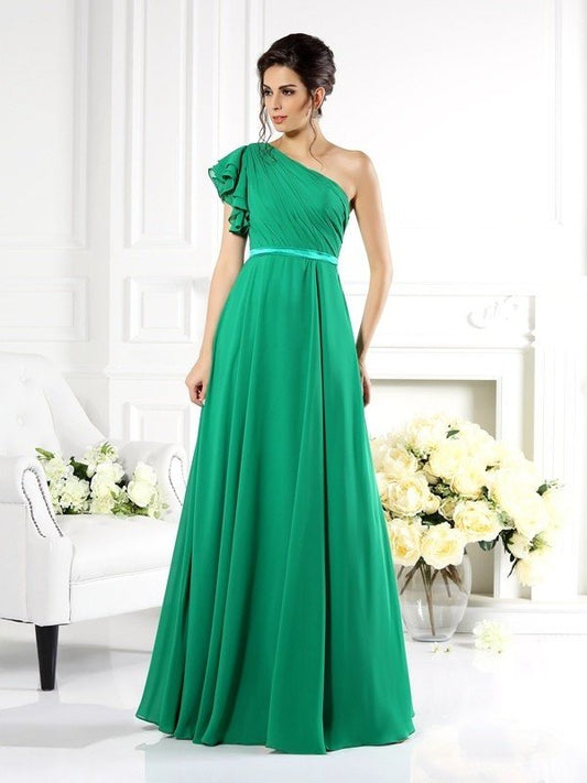 Sleeveless One-Shoulder Ruffles A-Line/Princess Long Chiffon Bridesmaid Dresses