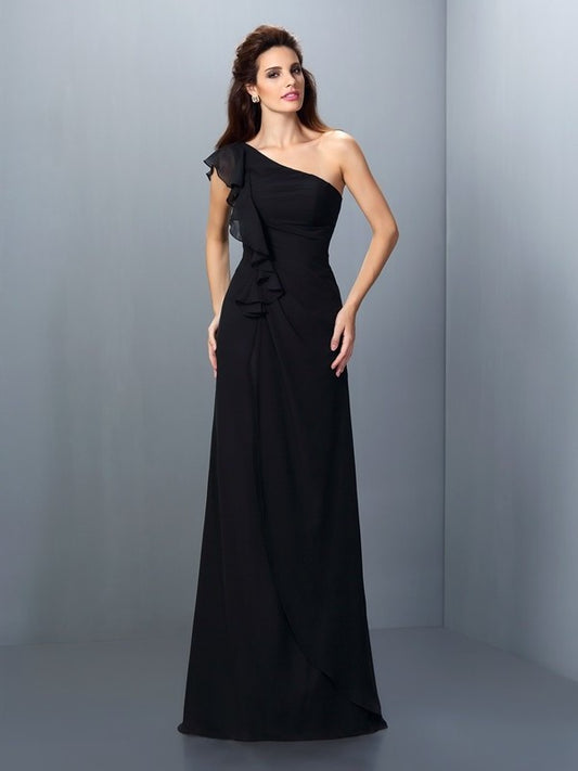 Long Pleats One-Shoulder Sheath/Column Sleeveless Chiffon Bridesmaid Dresses