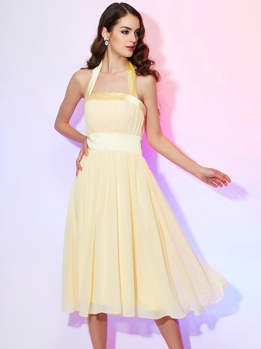 A-Line/Princess Sleeveless Pleats Short Halter Chiffon Bridesmaid Dresses