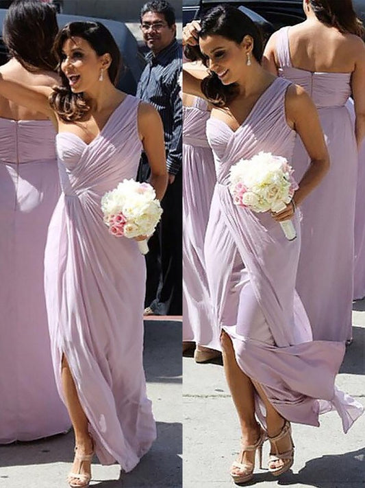 One-Shoulder A-Line/Princess Chiffon Sleeveless Ruched Floor-Length Bridesmaid Dresses