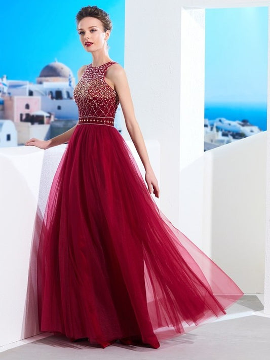 Scoop A-Line/Princess Floor-Length Sleeveless Beading Tulle Dresses