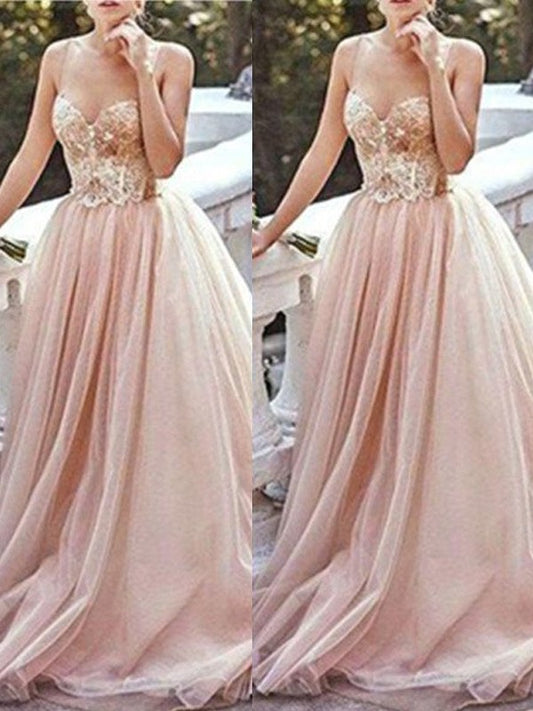 A-Line/Princess Sleeveless Sweetheart Sweep/Brush Train Beading Tulle Dresses