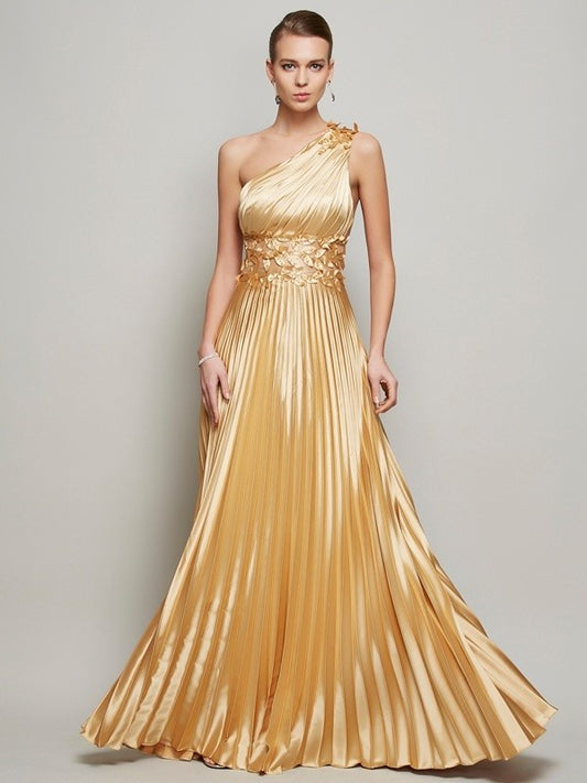 Elastic One-Shoulder A-Line/Princess Sleeveless Hand-Made Long Flower Woven Satin Dresses