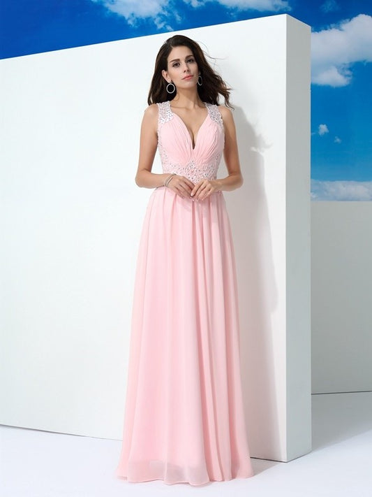 Straps Beading Sleeveless A-Line/Princess Long Chiffon Dresses