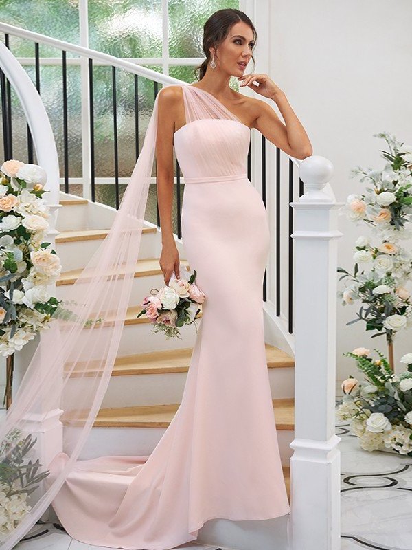 Sleeveless Stretch One-Shoulder Sweep/Brush Ruched Crepe Sheath/Column Train Bridesmaid Dresses