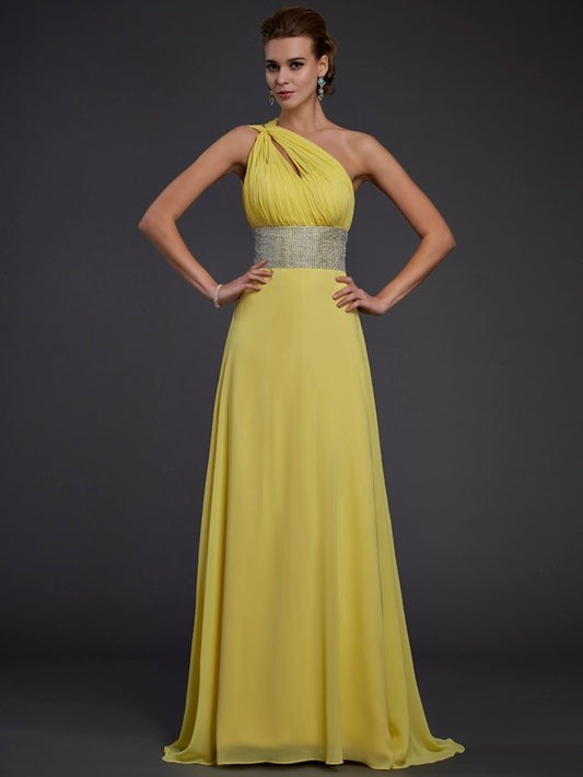 Sleeveless One-Shoulder A-Line/Princess Beading Long Chiffon Dresses