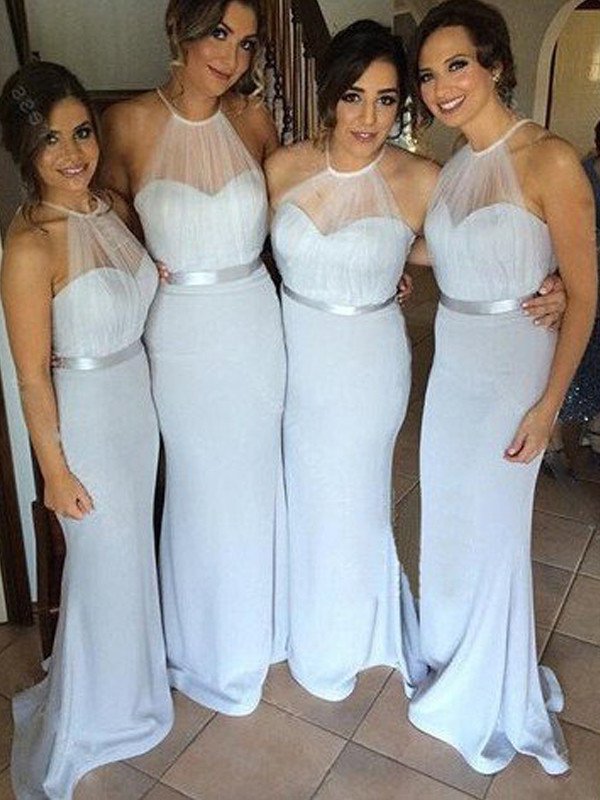 Stretch Sheath/Column Sleeveless Floor-Length Halter Sash/Ribbon/Belt Crepe Bridesmaid Dresses