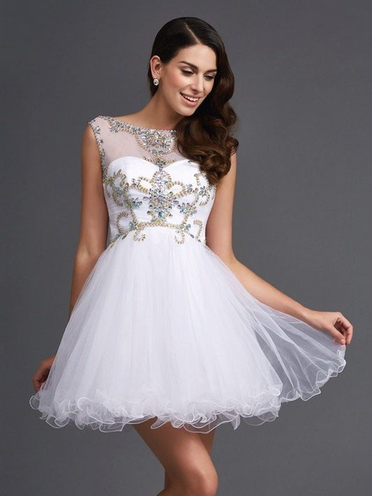 Sleeveless Scoop A-Line/Princess Beading Short Net Dresses