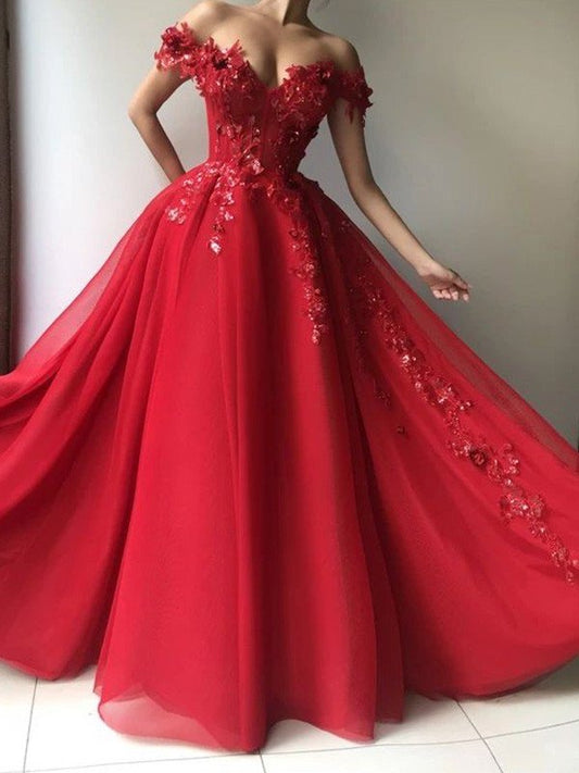 Sleeveless A-Line/Princess Tulle Off-the-Shoulder Applique Floor-Length Dresses