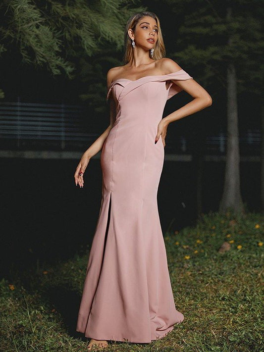 Sleeveless Stretch Ruffles Crepe Sweep/Brush Off-the-Shoulder Sheath/Column Train Bridesmaid Dresses