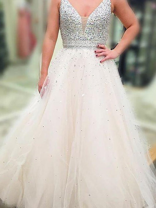 Floor-Length A-Line/Princess Sleeveless V-neck Beading Tulle Dresses