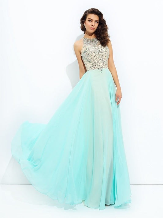 A-line/Princess Beading Sleeveless Jewel Long Chiffon Dresses