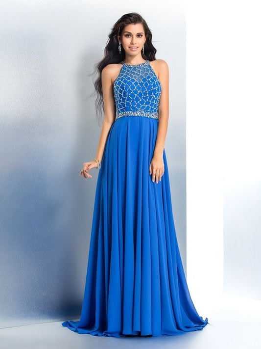 Beading Long Scoop A-Line/Princess Sleeveless Chiffon Dresses