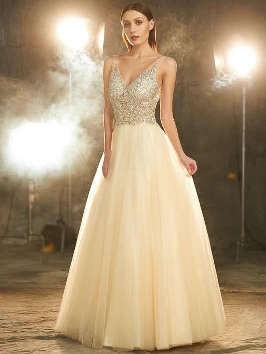 Gown Beading V-neck Ball Sleeveless Floor-length Tulle Dresses