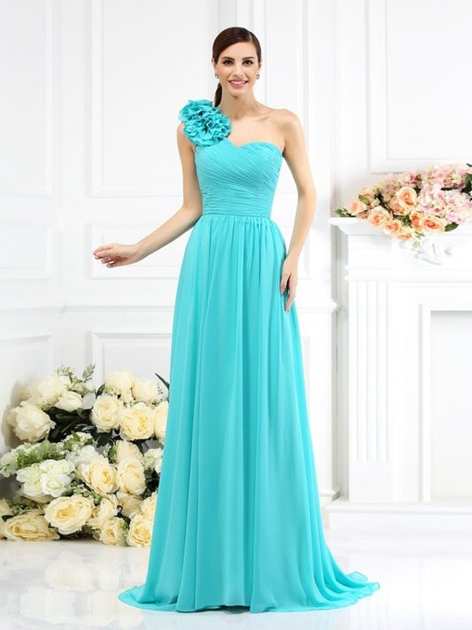 Pleats Long A-Line/Princess One-Shoulder Sleeveless Chiffon Bridesmaid Dresses