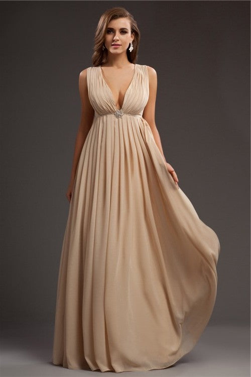 A-Line/Princess Sleeveless Beading V-neck Long Chiffon Dresses