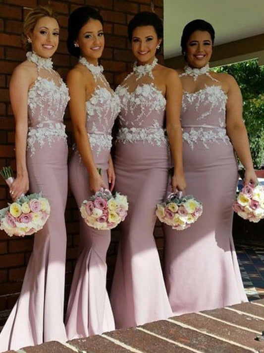 Satin Trumpet/Mermaid Sleeveless Halter Floor-Length Bridesmaid Dresses