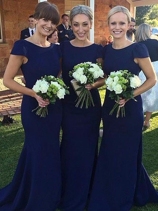 Short Scoop Sheath/Column Floor-Length Sleeves Satin Bridesmaid Dresses