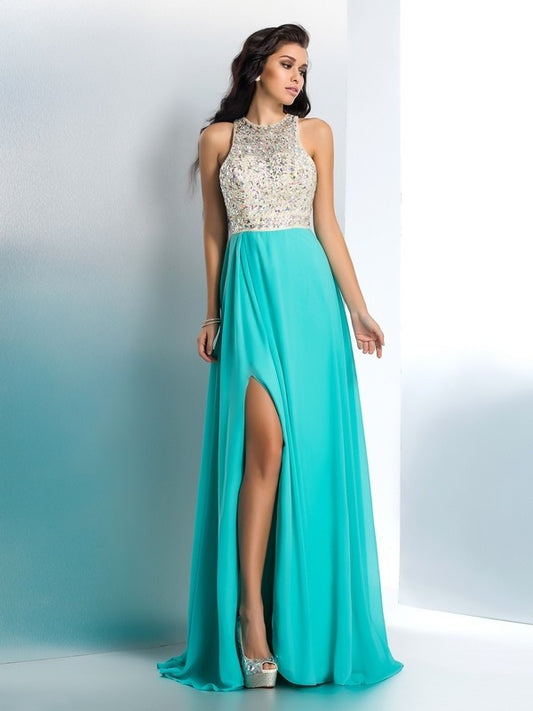 A-Line/Princess Beading Sleeveless Scoop Long Chiffon Dresses