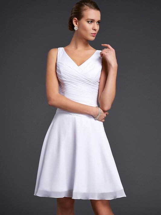 Pleats Short A-Line/Princess Sleeveless V-neck Chiffon Bridesmaid Dresses