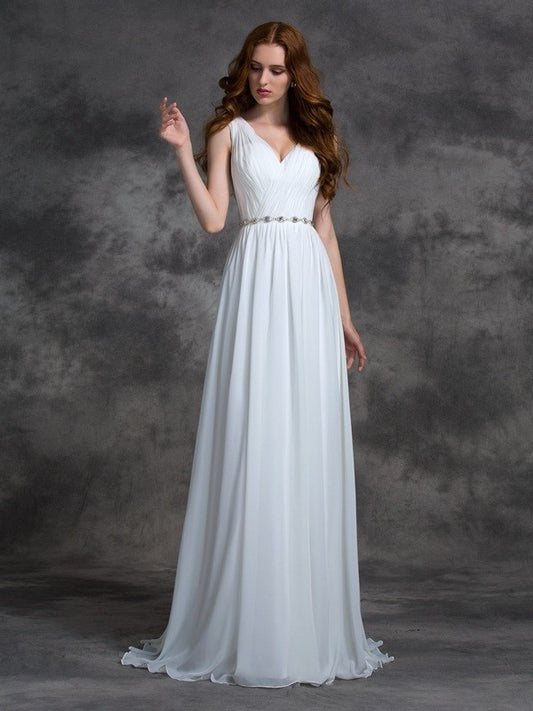 Sleeveless Beading A-line/Princess V-neck Long Chiffon Dresses