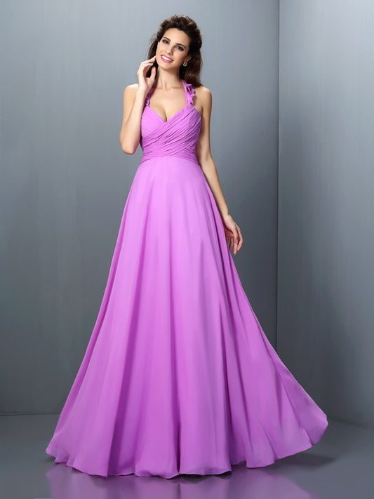 Long Pleats Halter Sleeveless A-Line/Princess Chiffon Bridesmaid Dresses