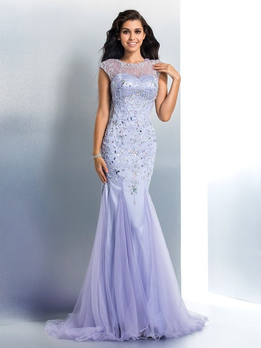 Sheer Trumpet/Mermaid Beading Sleeveless Neck Long Satin Dresses