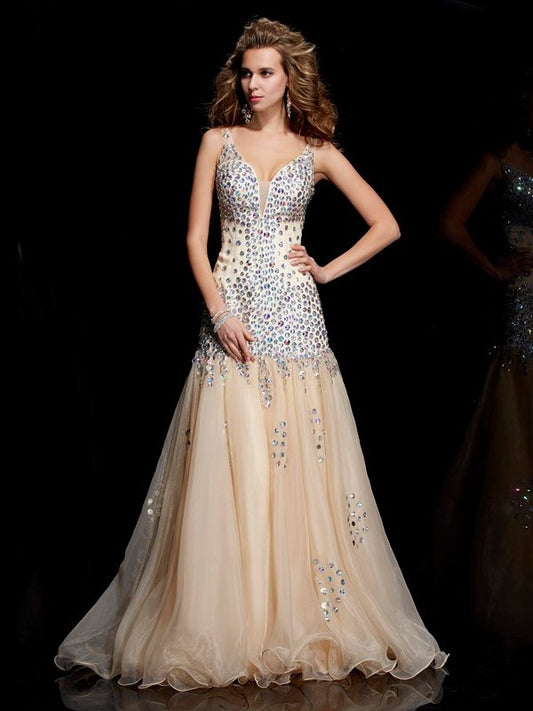 Sleeveless Sheath/Column V-neck Beading Long Organza Dresses