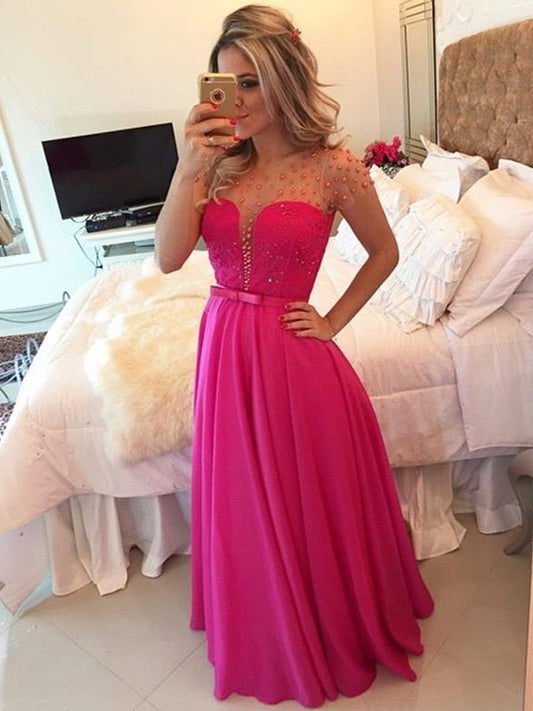 A-Line/Princess Beading Short Sleeves Scoop Floor-Length Chiffon Dresses