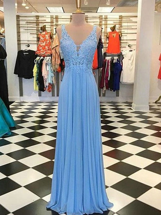 Spaghetti A-Line/Princess Sleeveless Straps Floor-Length Applique Chiffon Dresses