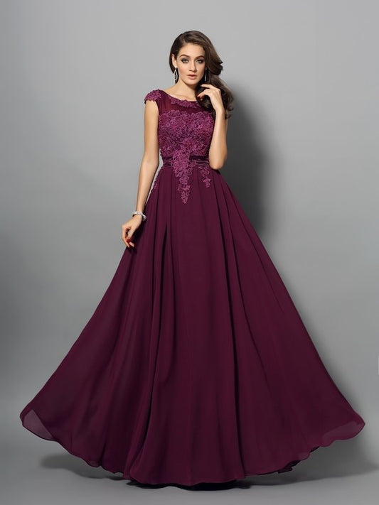 A-Line/Princess Sleeveless Applique Scoop Long Chiffon Dresses